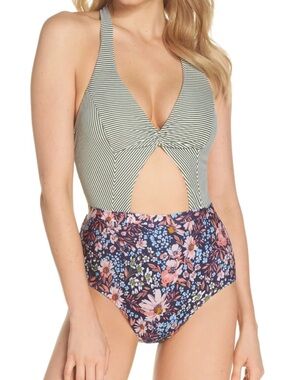 BCA by Rebecca Virtue Bathing Suit High Waisted Cutout And Halter Top Sz L Green